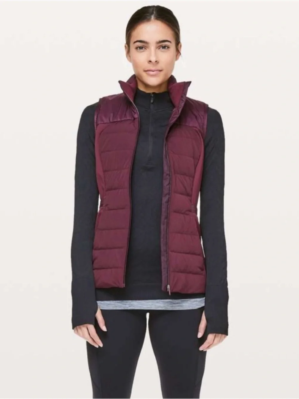 Lululemon Quilted Down Puffer Full Zip Sleeveless Mock Neck Vest Burgundy Red